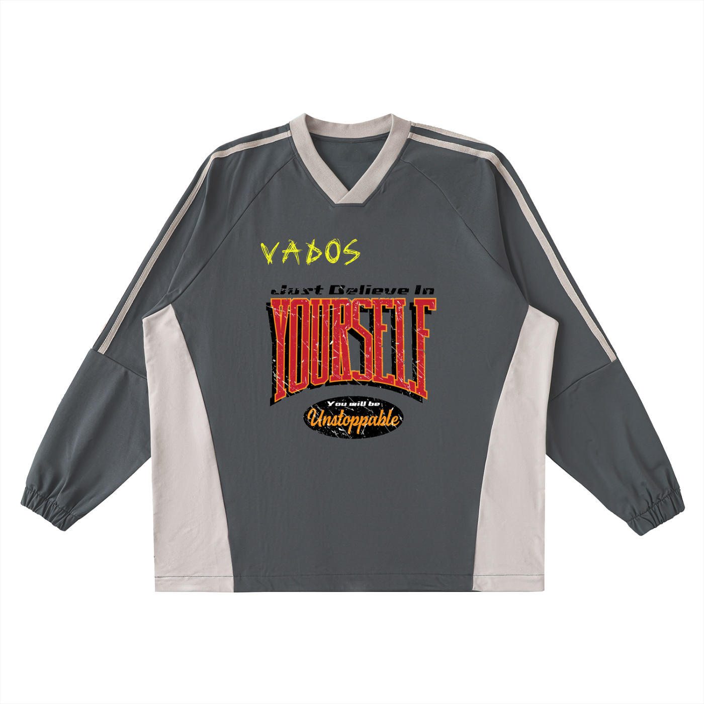 Color-Block V-Neck Long-Sleeve T-Shirt- VADOS